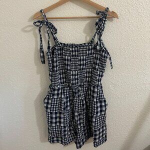 Navy & White Gingham Smocked Romper with Tie Straps | Size M